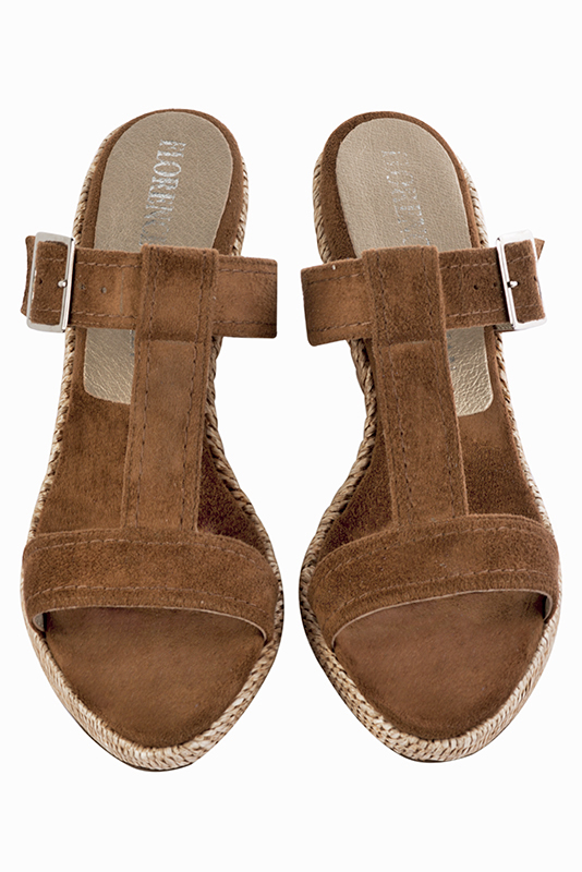 Caramel brown women's fully open mule sandals. Round toe. High wedge soles. Top view - Florence KOOIJMAN